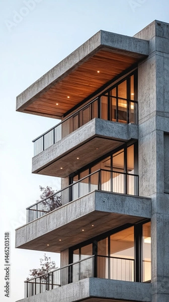 Fototapeta Modern concrete office building exterior with clean lines and minimalist design. Symbolizes strength, structure, and contemporary architecture in an urban vertical perspective with sleek geometry.

