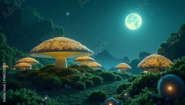 Fototapeta Glowing Mushroom Field at Night with Full Moon