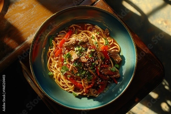 Fototapeta Chow Mein Noodles with Vegetables and Beef, chinese stir fried noodle with beef or pork and vegetable