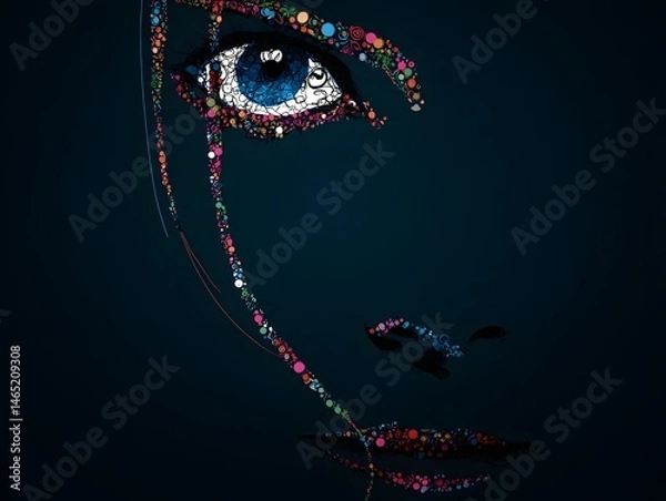 Fototapeta Enigmatic Gaze: A mesmerizing close-up illustration of a woman's face, crafted from vibrant, colorful floral elements, showcasing captivating artistic expression.