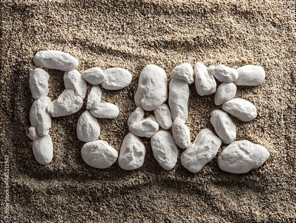 Fototapeta Stone Message: The word "PEACE" composed of carefully arranged white stones, resting serenely upon a bed of fine sand, creating a visual representation of tranquility and harmony.