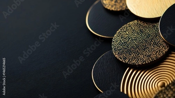 Fototapeta Elegant arrangement of golden circular patterns on a dark background for design inspiration