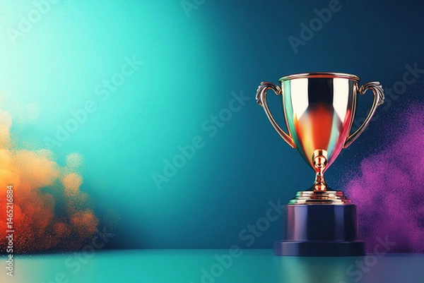 Fototapeta Golden Trophy of Achievement: A beautifully rendered golden trophy stands prominently against a vibrant gradient background, exuding an aura of achievement and success.