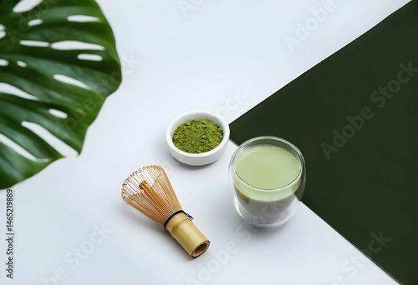 Fototapeta Glass of freshly prepared matcha tea with bamboo whisk on white background, surrounded by green matcha powder. Traditional Japanese matcha drink. Healthy matcha tea in a modern setting. Matcha latte