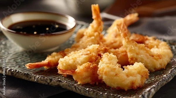 Obraz Golden Tempura Shrimp Served With Dipping Sauce at a Cozy Restaurant Table Setting