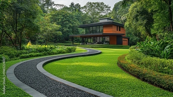 Fototapeta Modern home nestled within lush greenery, a winding pathway meanders through meticulously landscaped gardens
