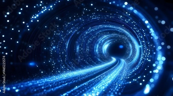Fototapeta A mesmerizing blue - toned digital tunnel image. It features swirling lines and countless tiny, glowing particles, creating an other - worldly, high - tech visual effect. 