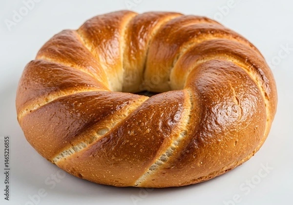 Fototapeta A close up shot of a golden brown braided bread ring on a white surface in a studio setting