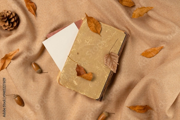 Obraz Book with leaves on fabric background. Flat lay, top view.