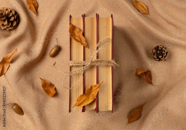 Obraz Composition with books on fabric background from above. Flat lay, top view.
