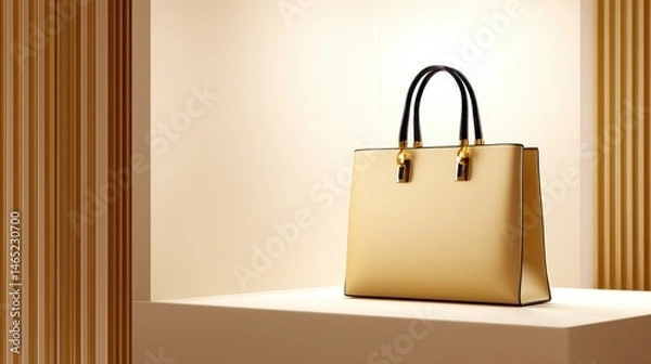 Fototapeta Elegant golden handbag displayed on a minimalist pedestal with soft lighting in a chic boutique