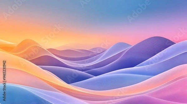 Fototapeta A vibrant digital - art landscape featuring undulating, multicolored waves under a gradient sky, evoking a sense of fluidity and tranquility. 