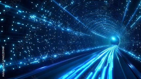 Fototapeta A captivating digital - themed image. It shows a tunnel - like structure filled with blue, glowing lines and dots, suggesting a high - tech, futuristic journey or connection. 