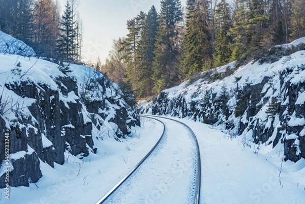 Obraz Railway track between the rocks at winter.