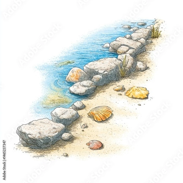 Fototapeta Detailed Beach Shoreline with Rocks Wet Sand Sparkling Water Illustration On White