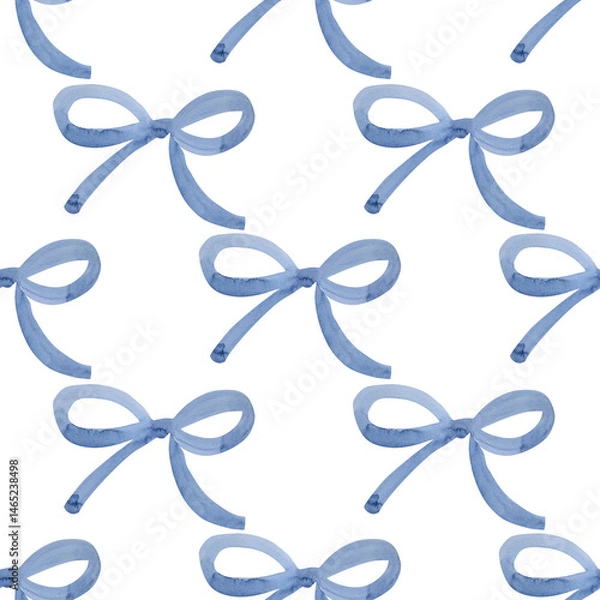 Fototapeta Seamless pattern Watercolor blue gift bow, ribbon drawings. Painted bowknot elements white background. Hand drawn illustration bowtie. For print, fabric, wrapping, wallpaper, greeting cards decor