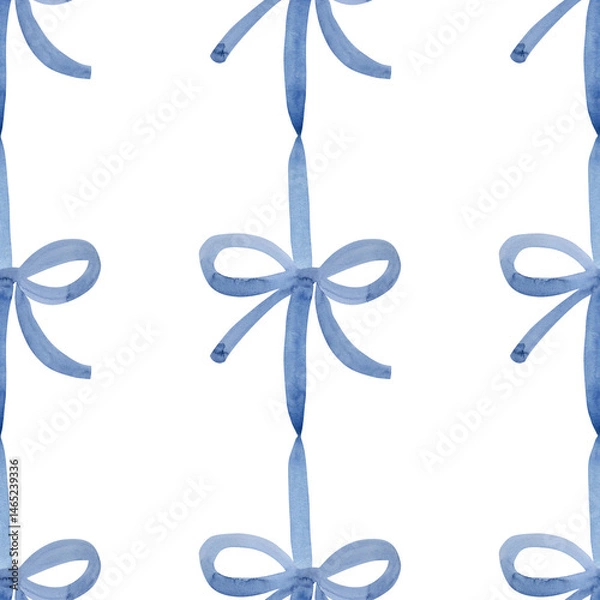 Fototapeta Hand painted watercolor blue gift bow ribbon striped on white background. Stripe seamless pattern. Stripes vertical illustration. Fabric, sketchbook, wallpaper, wrapping paper decoration textile decor