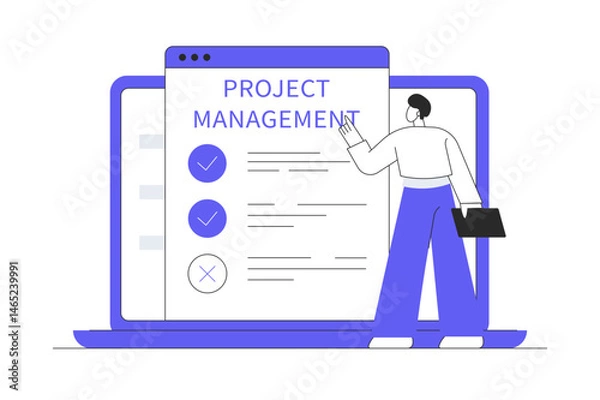 Fototapeta Man freelancer update business checklist in project management software on laptop screen. Flat Cartoon Vector Illustration, icon. Stylish abstract design landing page
