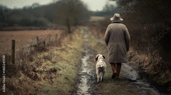 Fototapeta A man in a hat walking down a muddy path with his dog in a rural landscape on an overcast day