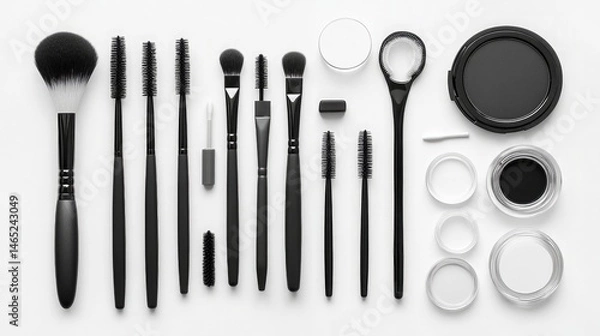 Fototapeta Flat lay of assorted blank cosmetic packaging and makeup tools with white background