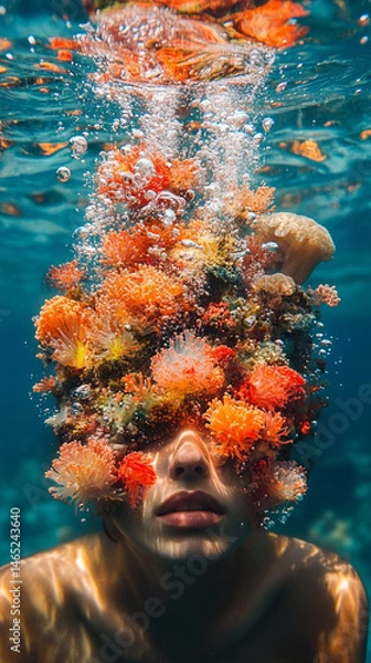 Fototapeta Poetic fusion of a female human body and nature in an underwater scene. Symbolizes the subconscious, emotional depth, and harmony between the mind, body, and natural world in a surreal setting.

