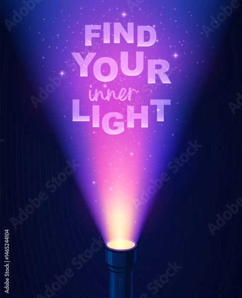 Fototapeta Flashlight Beam with Motivational Quote "Find Your Inner Light" in Glowing Sparkling Purple Light Cone on Dark Background, vector card template