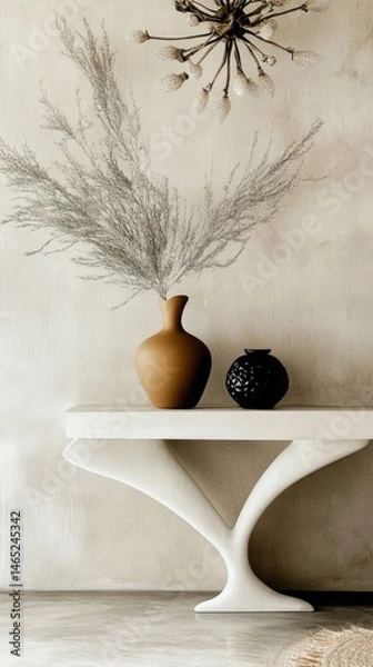 Obraz Elegant minimalist decor with brown vase and black pot on modern white table