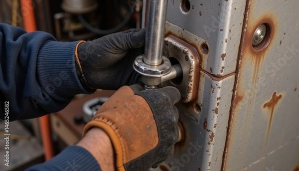 Fototapeta Close-Up of Hands Using Tools for Metalworking Repair in Industrial Workshop Setting