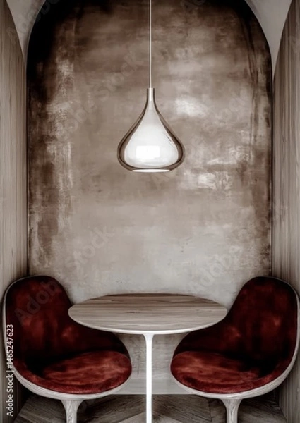 Obraz Cozy modern dining nook with red chairs and pendant light
