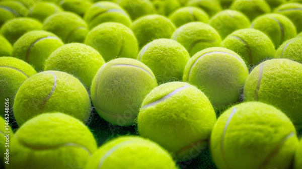 Fototapeta A vibrant collection of fluorescent yellow tennis balls arranged closely, creating a textured, sporty background.