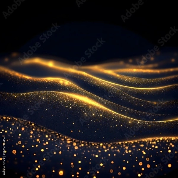 Fototapeta An image showcasing flowing golden - hued waves against a dark background, dotted with tiny sparkling particles for a mesmerizing, ethereal effect. 