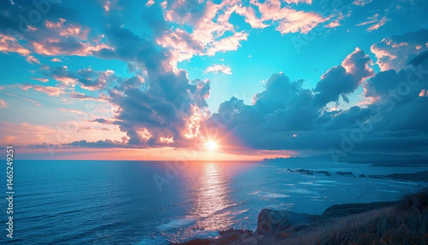 Obraz Stunning sunset over serene ocean is framed by vibrant clouds and glowing sunburst, creating magical atmosphere. Scene captures beauty of nature, with sun's rays illuminating sky, reflecting off water