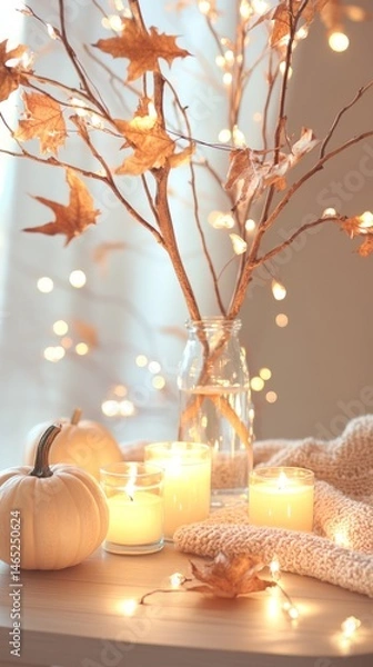 Obraz Cozy autumn decor with candles, pumpkin, and fairy lights on a wooden table