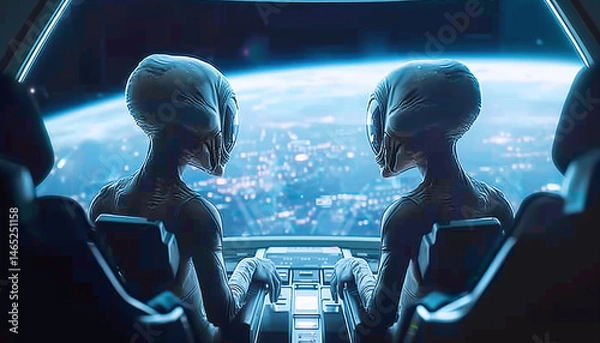 Obraz Two alien beings with elongated heads and large eyes sit at a control panel overlooking a cityscape and Earth from their spacecraft. Future space traveling scene is both futuristic and intriguing.