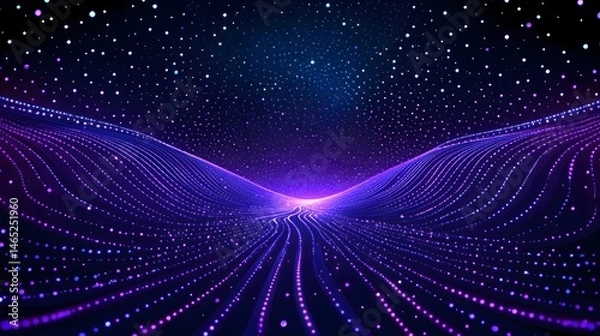 Fototapeta A digital - style image with a cosmic feel. It features a star - filled dark sky above undulating lines and dots in shades of purple and blue, creating an other - worldly, tech - infused landscape. 