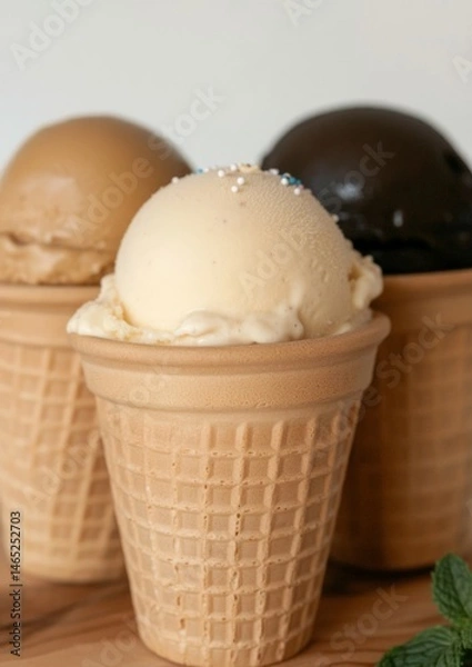 Obraz Close-up of three assorted ice cream cones in waffle cups