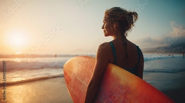 Fototapeta Woman with surfboard standing on beach looking at sunset over the ocean horizon on a summer day