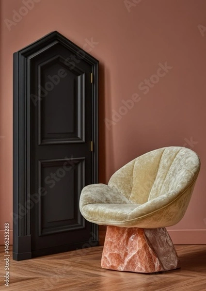Obraz Elegant velvet chair with marble base in modern room with unique black door