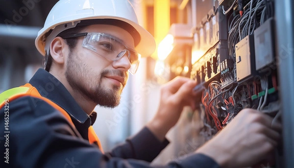 Obraz Focused scene of technician wearing hard hat, safety glasses, high-visibility vest connecting wires on electrical panel. Electrical work, safety, technology, skilled labor, industrial maintenance.
