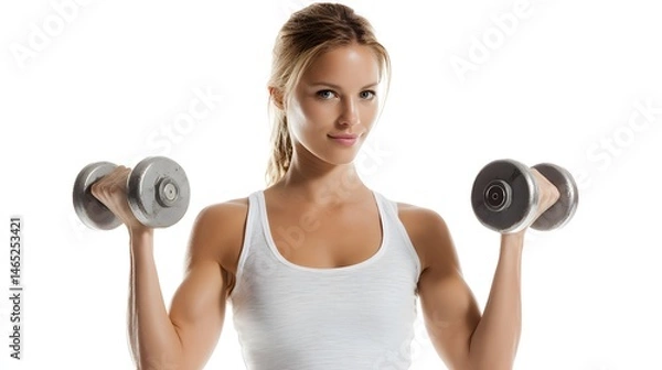 Fototapeta Woman in white tank top lifting dumbbells in front of a white background in a studio setting
