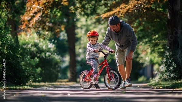 Fototapeta A father helping his son learn to ride a bicycle on a paved path surrounded by trees and foliage