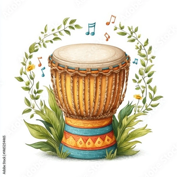 Fototapeta Djembe Drum Surrounded by Green Leaves and Musical Notes Digital Illustration