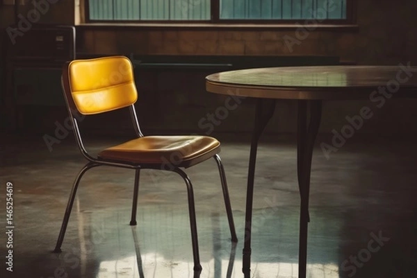 Obraz Vintage yellow chair in dimly lit room with wooden round table and large window