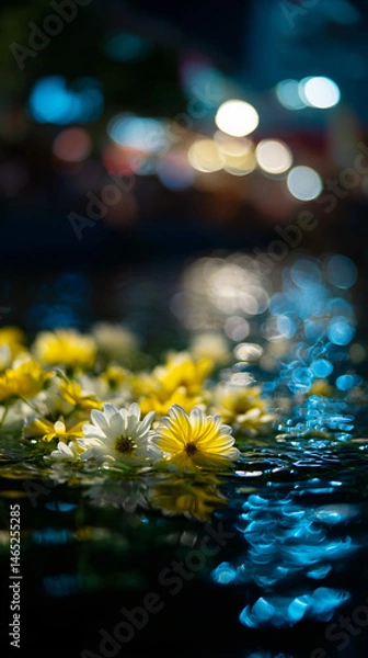 Fototapeta Floating flowers at nighttime mart floating flowers illuminated by lights at a tranquil night market, creating a serene atmosphere.