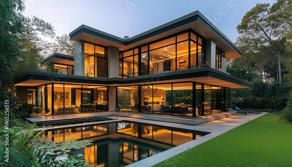 Fototapeta Modern two-story house with large glass windows, clean lines, surrounded by lush greenery near a serene pond. Sleek architecture emphasizes open spaces, natural light, golden-hour highlights