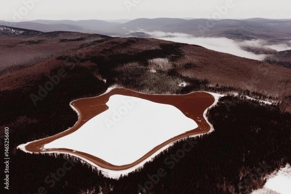 Obraz Aerial view of snow-covered reservoir in forested mountain landscape