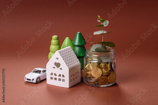 Fototapeta Coins and plant in a jar as a concept of savings and financial investment