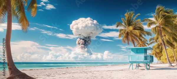 Obraz Nuclear explosion with mushroom cloud rising on horizon of tropical island beach. Vibrant blue lifeguard tower, palm trees, ocean waves, sunny sky create stark contrast between peace and destruction