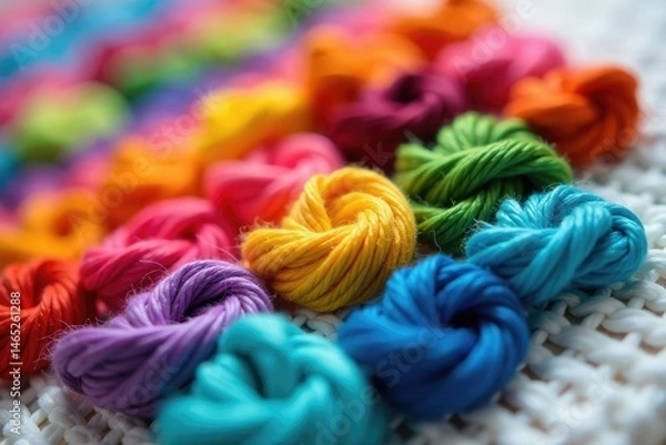 Fototapeta Close-up of colorful floss cross stitch work in progress, showcasing intricate details and vibrant threads , texture, needlework