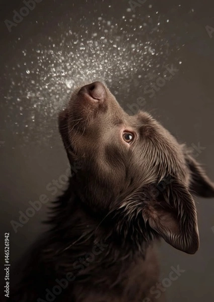 Obraz Wet brown dog gazing at falling water droplets against dark background